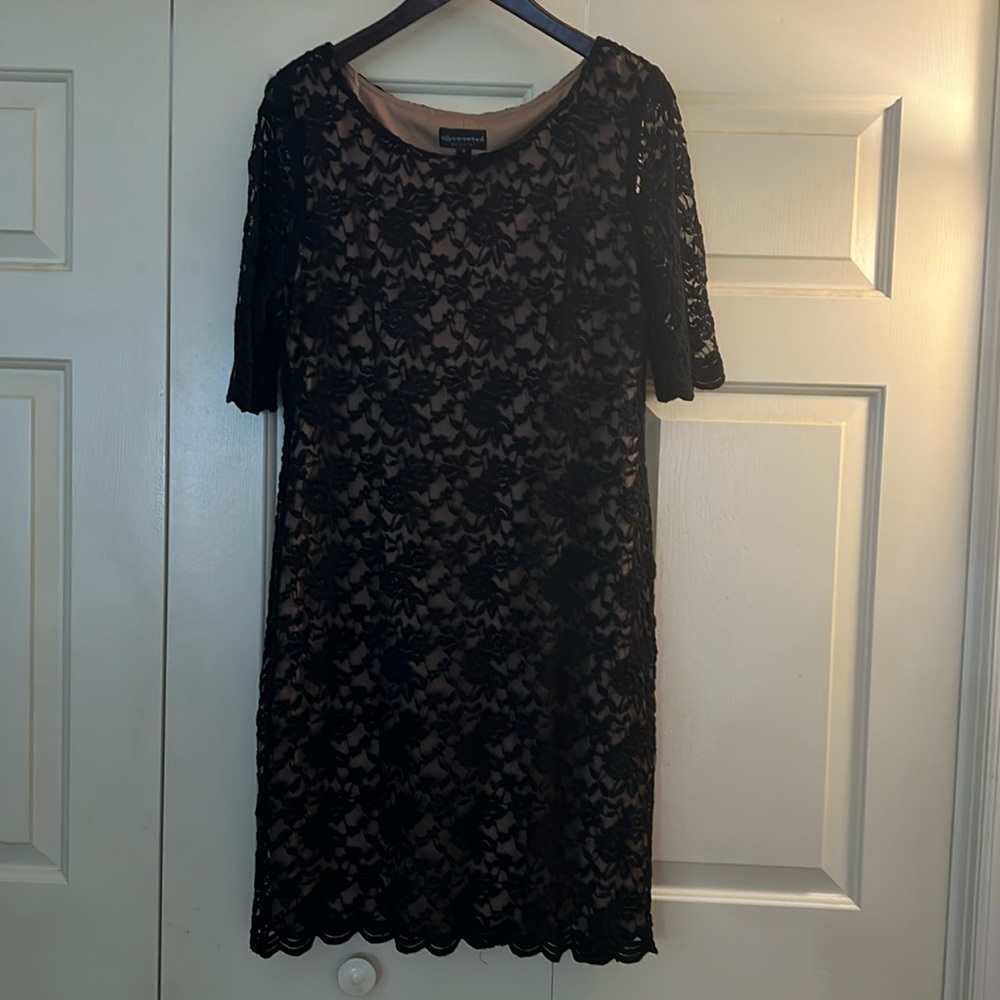 Connected black lace cocktail midi dress fully lined except sleeves size 16